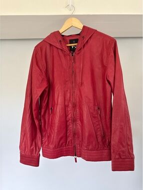 Y-3 Yohji Yamamoto Hooded Leather Jacket Red Adidas Men's Small Full Zip